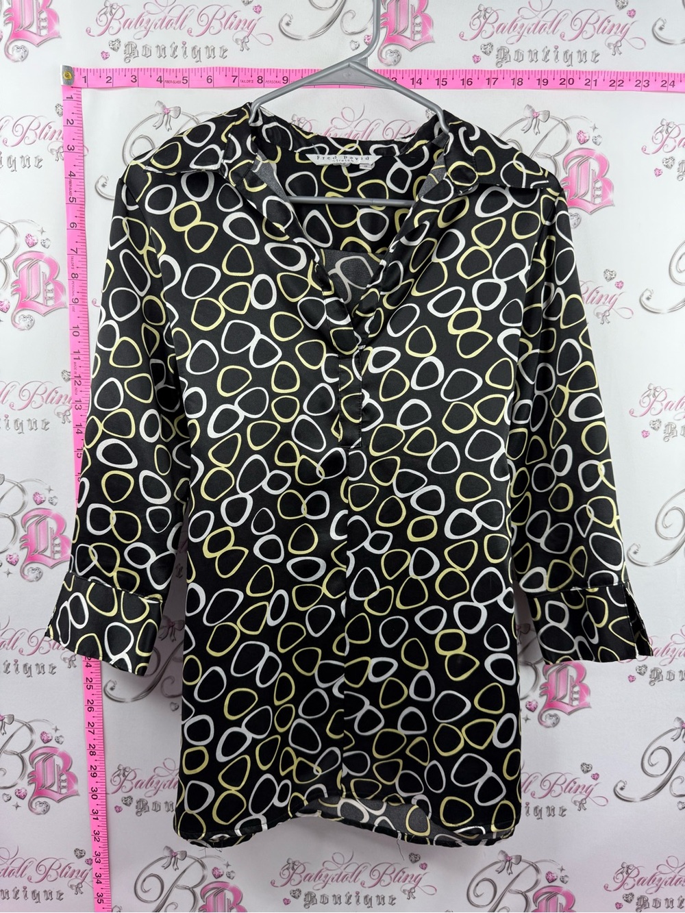 Fred David y2k top belted tie up Black Blouse with White & Yellow Loop Print